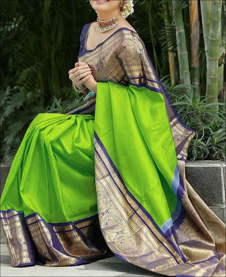 Lemon Colour Saree with Contrast Blouse in Green