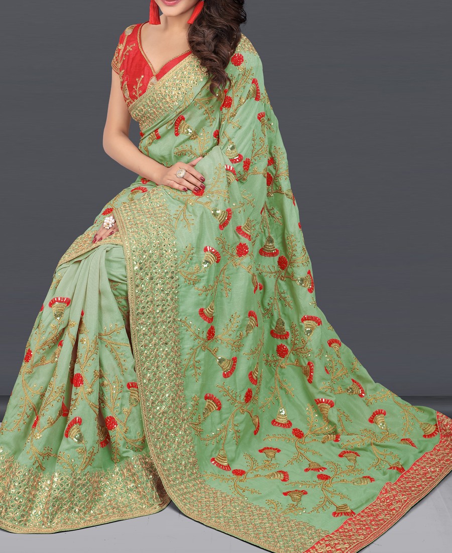 RE - Embellished Olive green two tone vichitra silk saree   