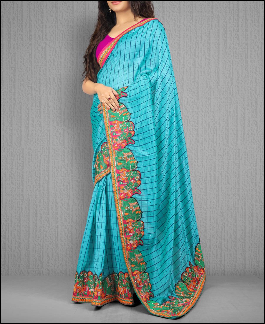 RE - Jacquard vichitra silk heavy border turquoise saree 