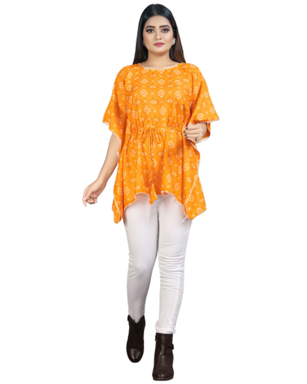 Bandhani Print Yellow cotton Kaftan dress  Indian