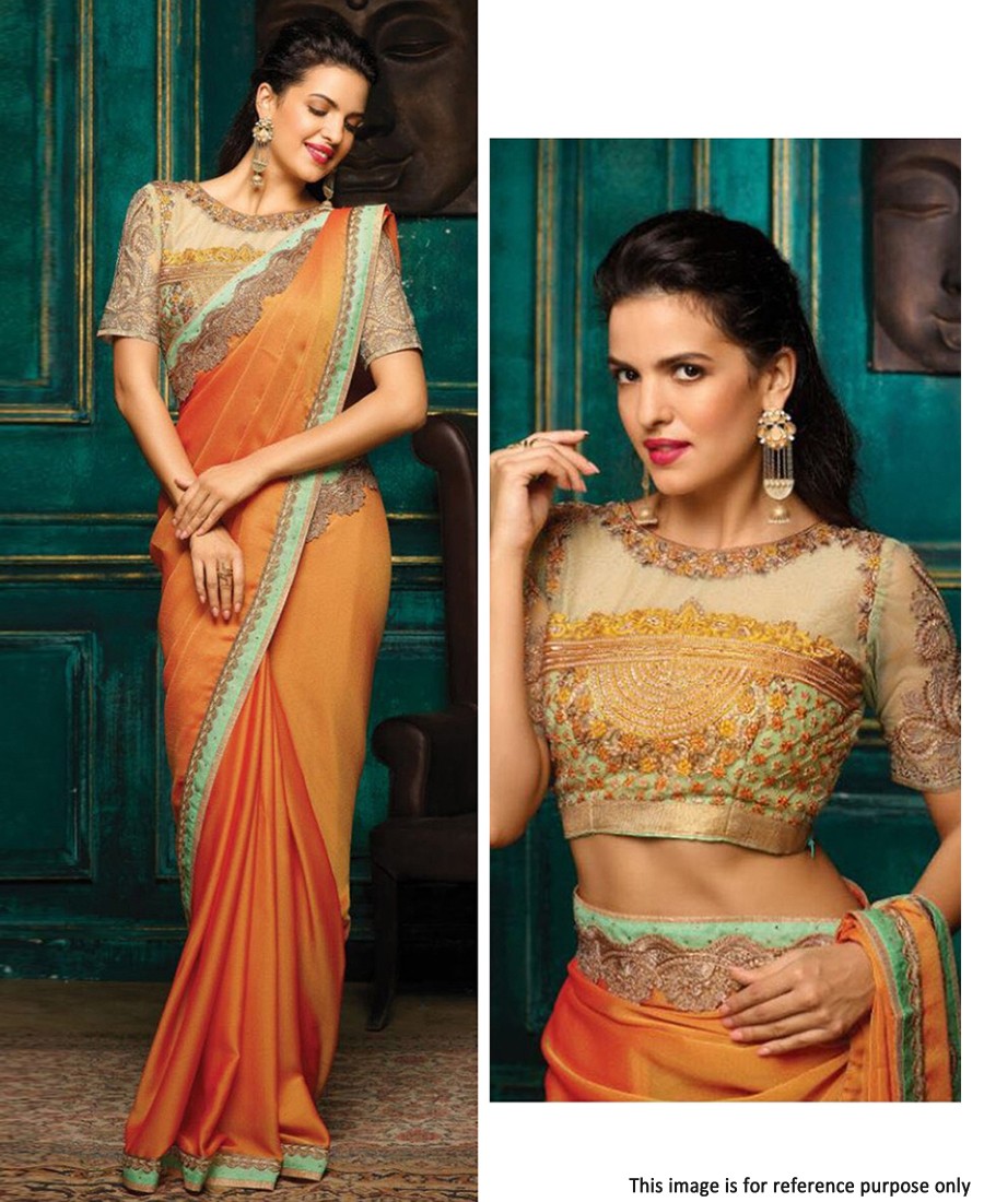 RE - Partywear orange golden silk embroidered saree