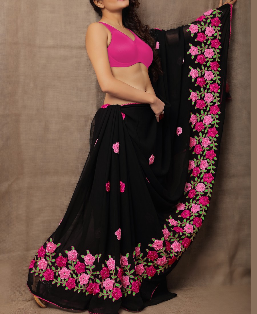 JF - Floral Black Georgette Ribbon-Work Beautiful Saree
