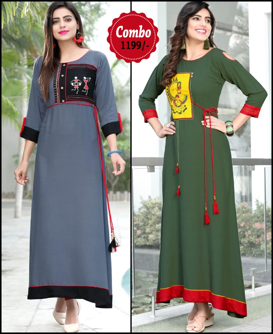 RE - Attractive Grey and Green color rayon print stitched kurti - Pack of 2