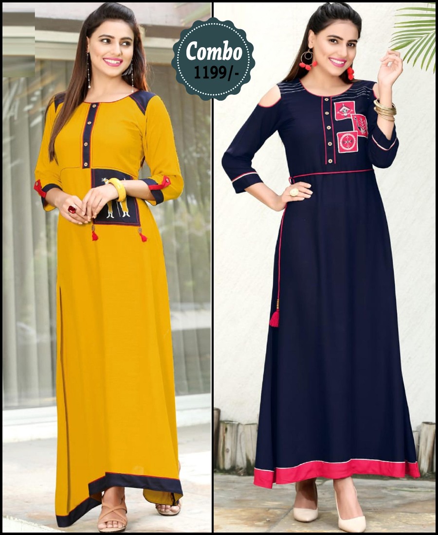 RE - Attractive yellow and navy blue color rayon print stitched kurti - Pack of 2