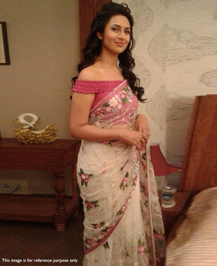 RE - Divyanka Tripathi Naylon Mono Net Beige Embroidered Bollywood Designer Saree 