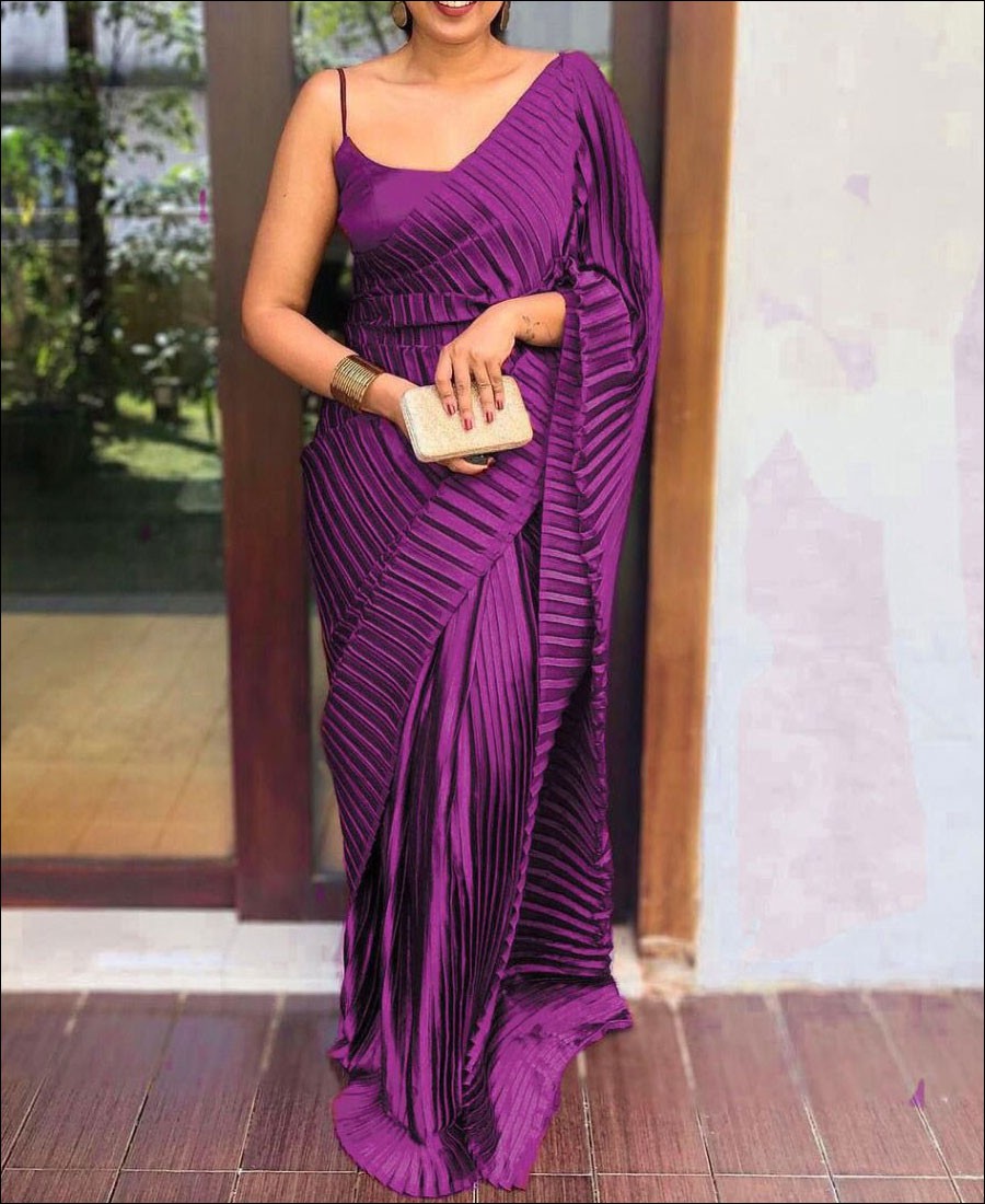Purple Soft Satin Plain Crush Saree - New In - Indian