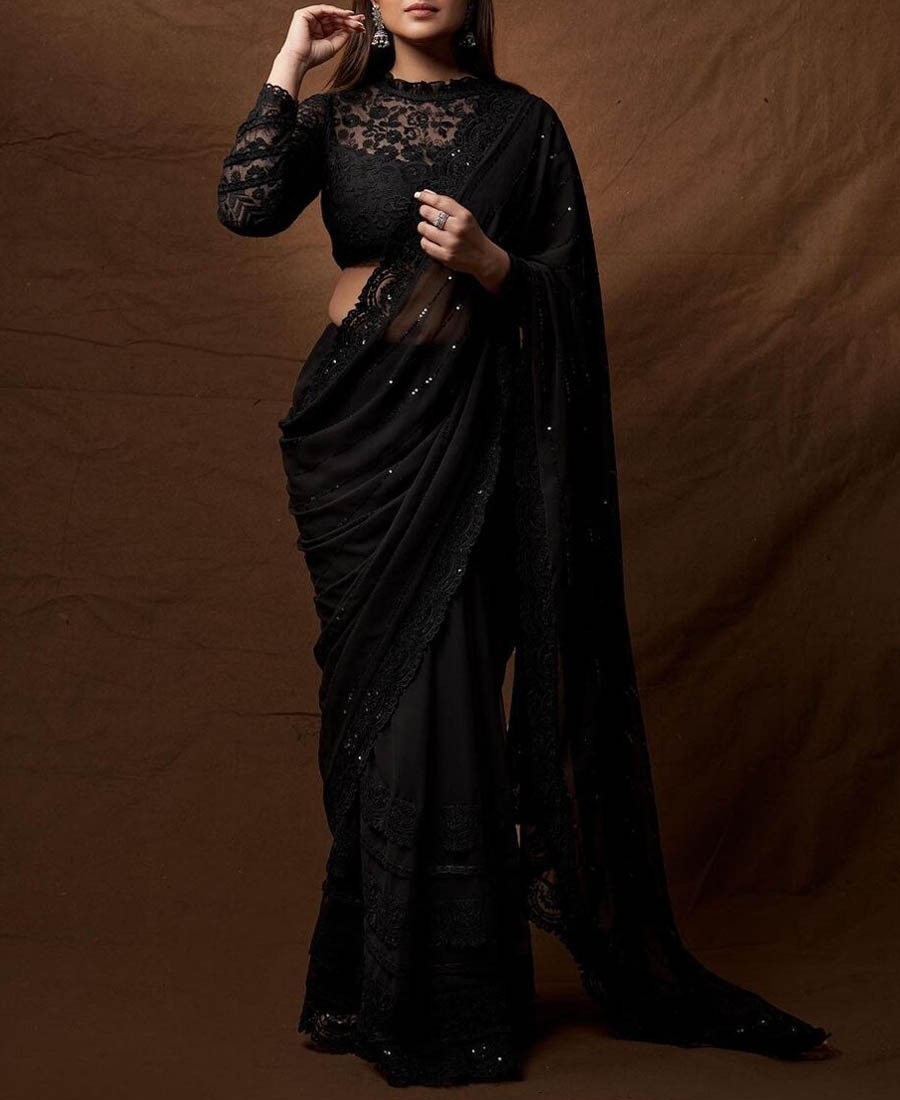 RE - Black Colored Sequence Embroidery Saree