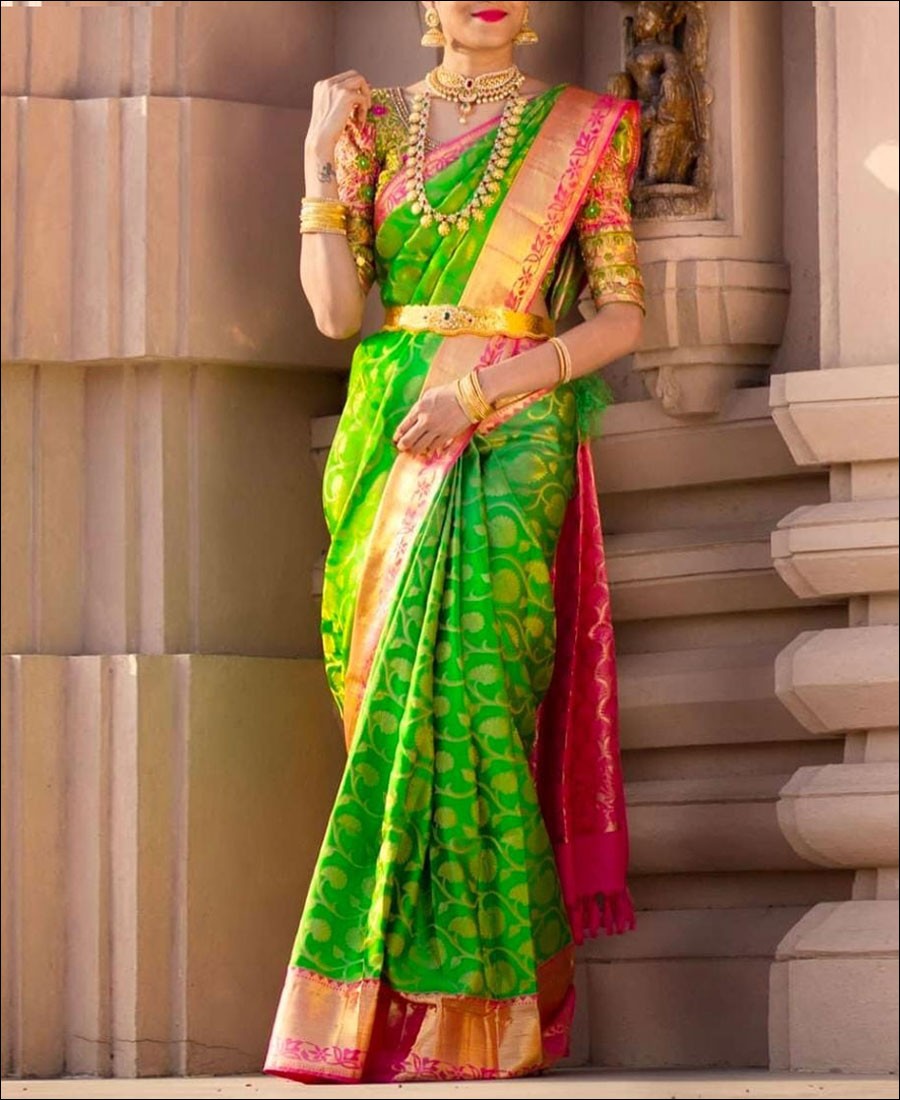 CM - Parrot Green Colour Lichi Silk Saree