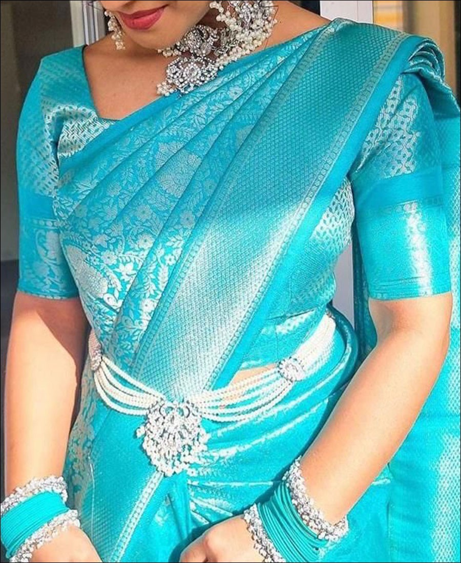 CM - Turquoise Colour Lichi Silk Saree