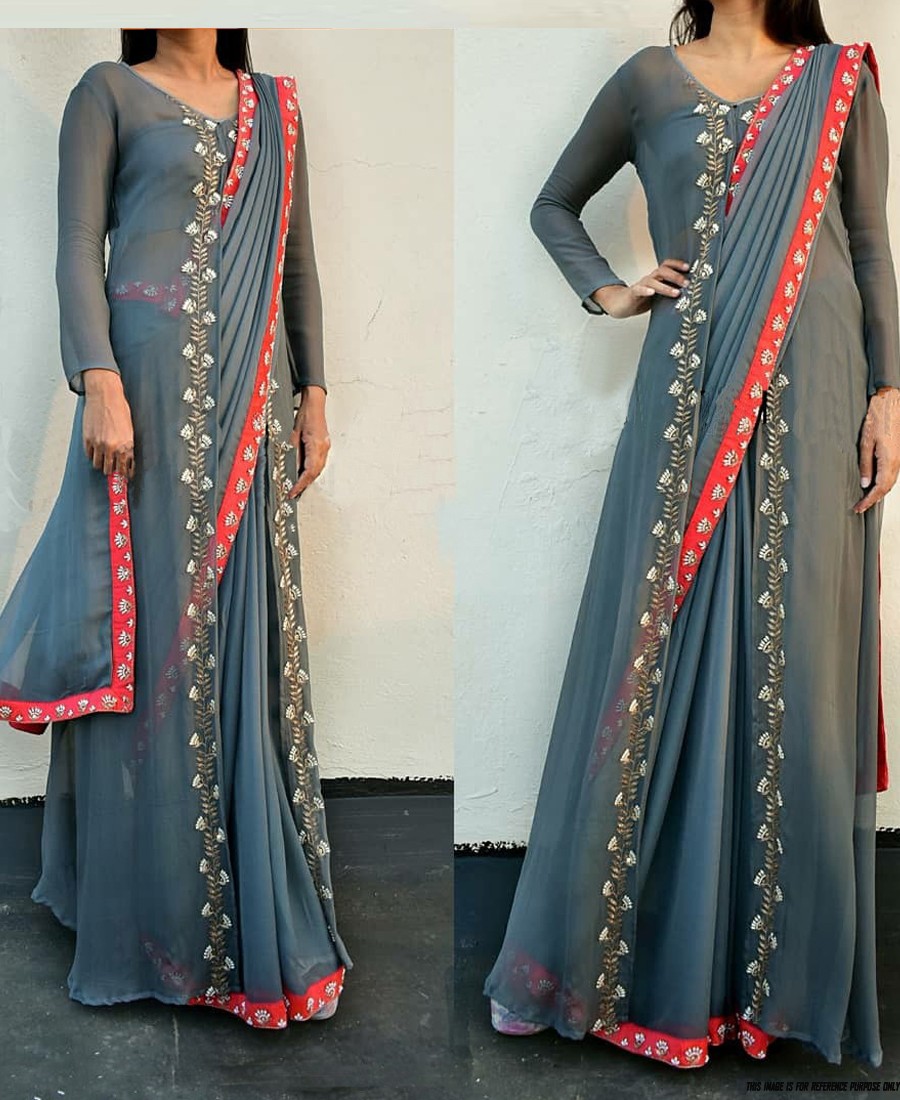 RE - Glamorous Grey silk embroidered saree with koti