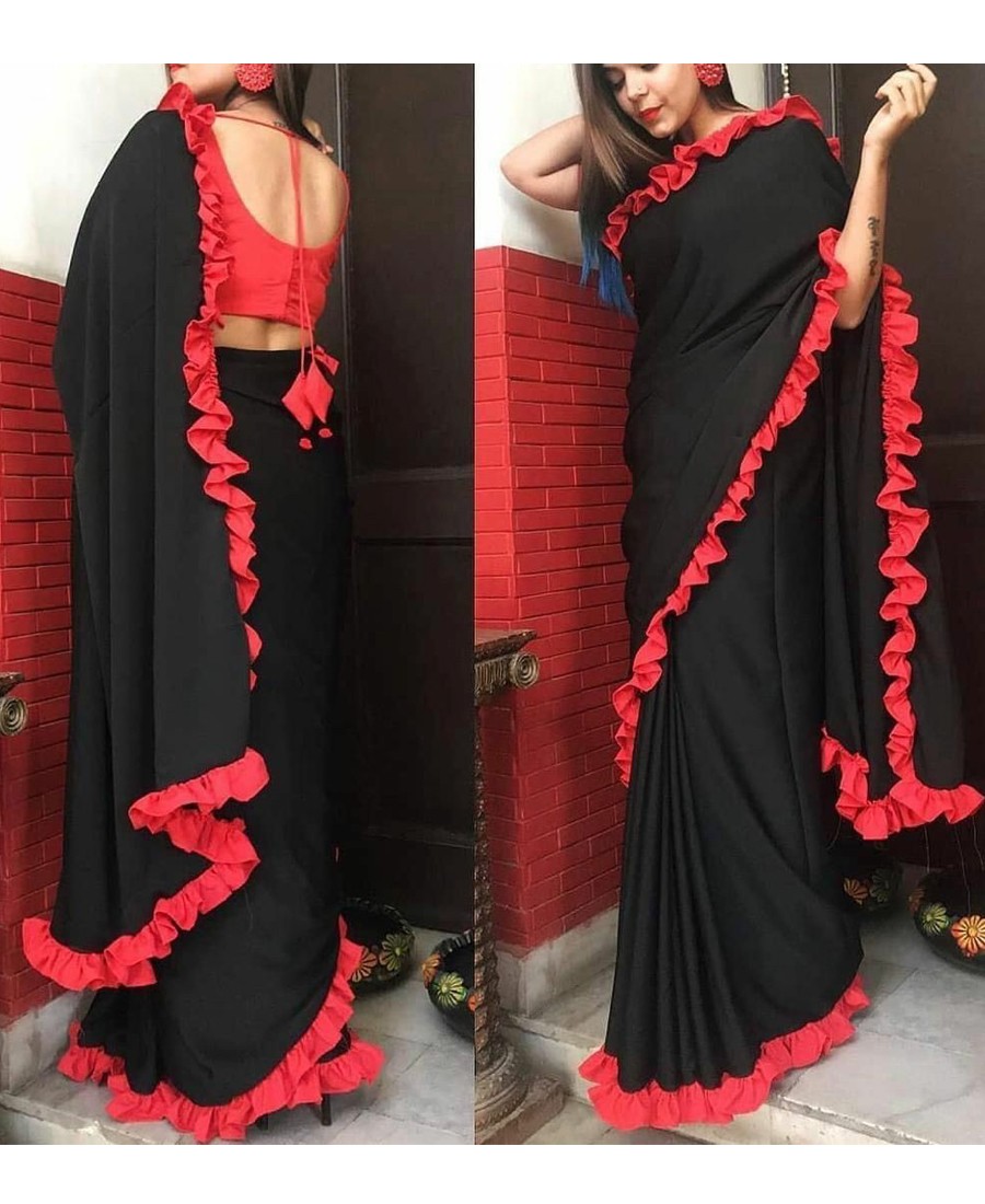 Designer embroidered border short sleeve round neck plain saree - New India  Fashion
