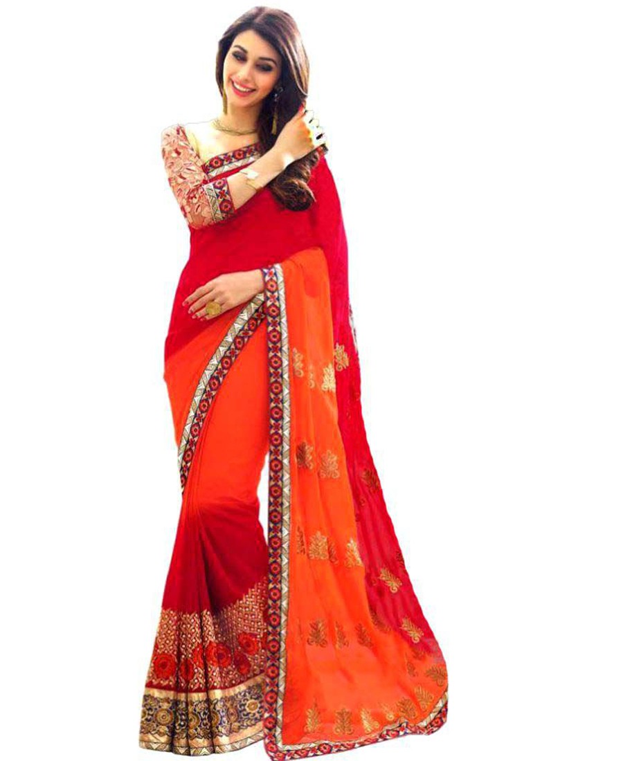 Meera Trendz - Attractive Orange Red Georgette Designer Saree