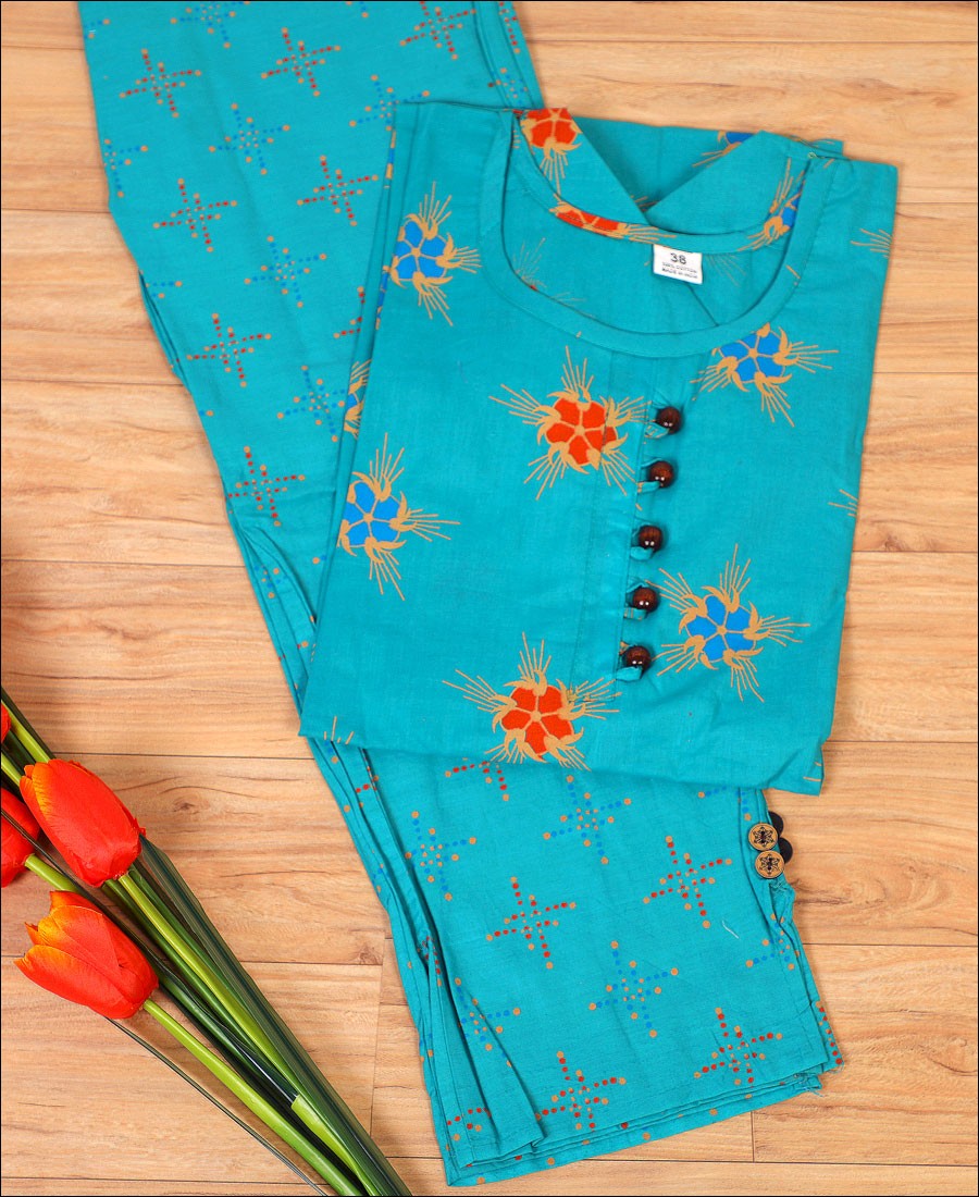 Turquoise Coloured Cotton Printed Kurti Set