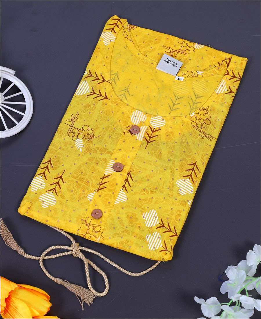 Yellow Coloured Cotton Block Print Kurti 