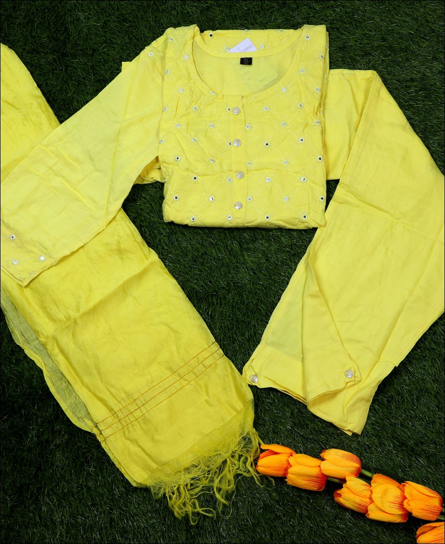 Yellow Embroidered Kurti Set with Dupatta