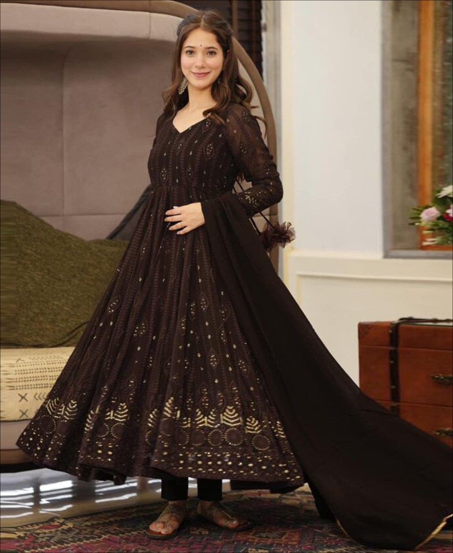 Black Colored  Georgette Anarkali Suit With Dupatta