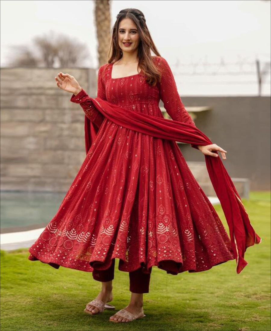Red Colored  Georgette Anarkali Suit With Dupatta