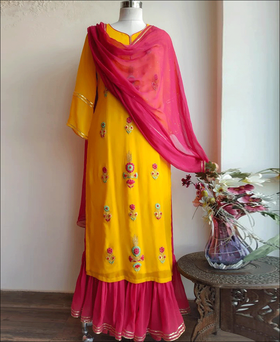 RE -Elegant Yellow Colored Georgette Semi Stiched Suit