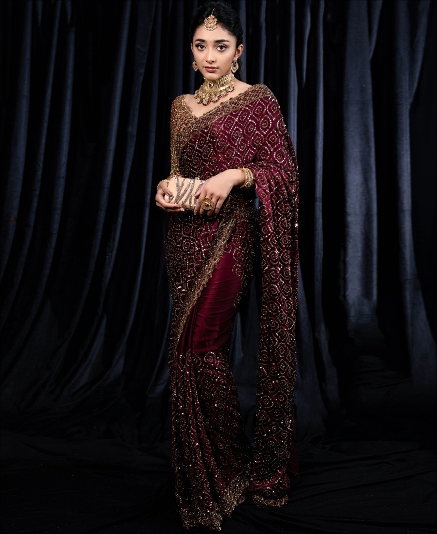 Wine Color Sequence Work Georgette Saree