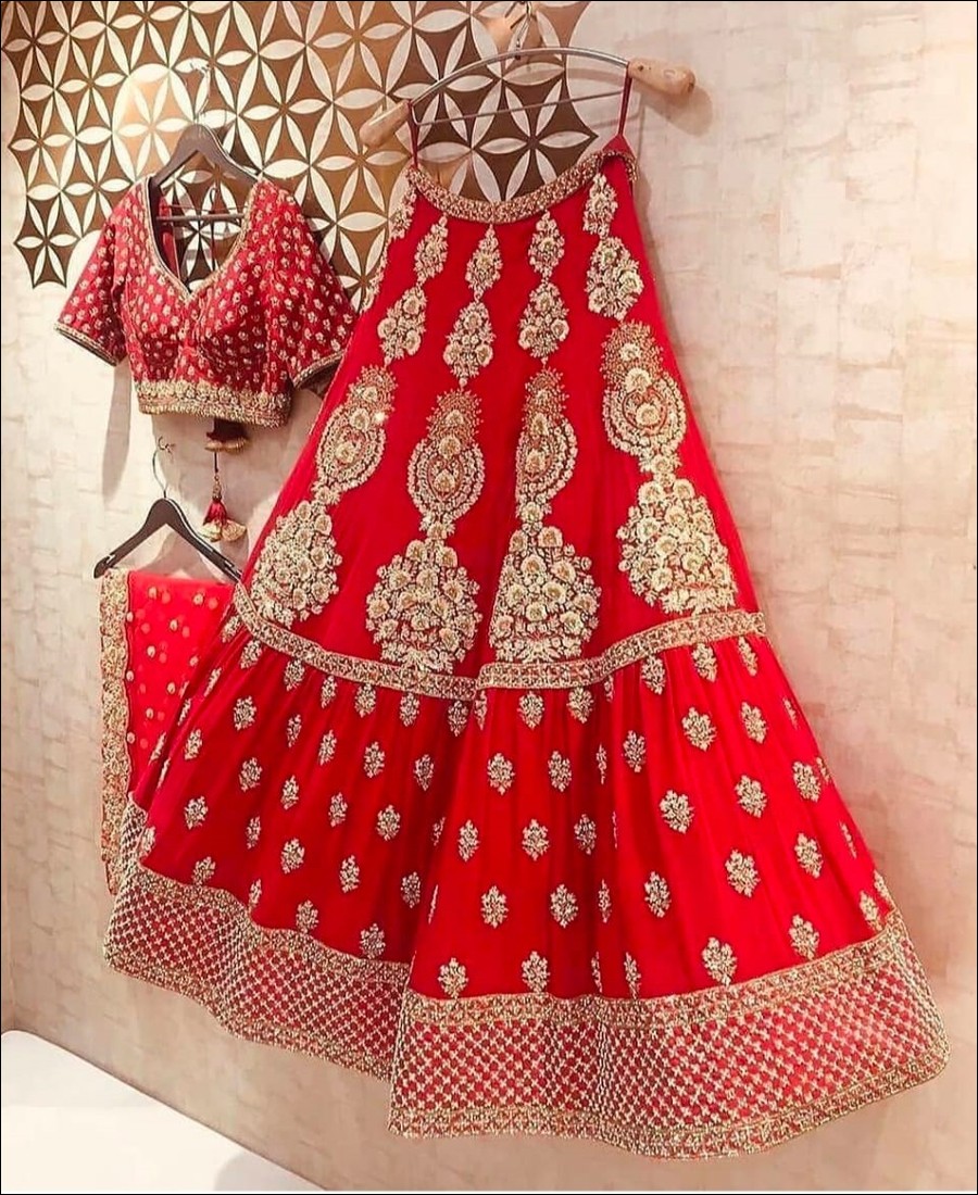 RE - Red Colored Faux Georgette Emboidered Work Lehenga Choli