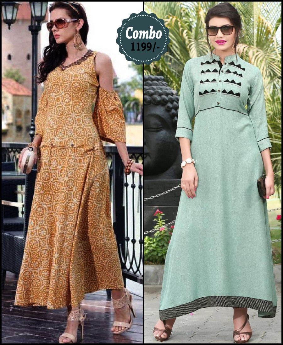 RE - Attractive multi and mint Green color rayon print stitched kurti - Pack of 2
