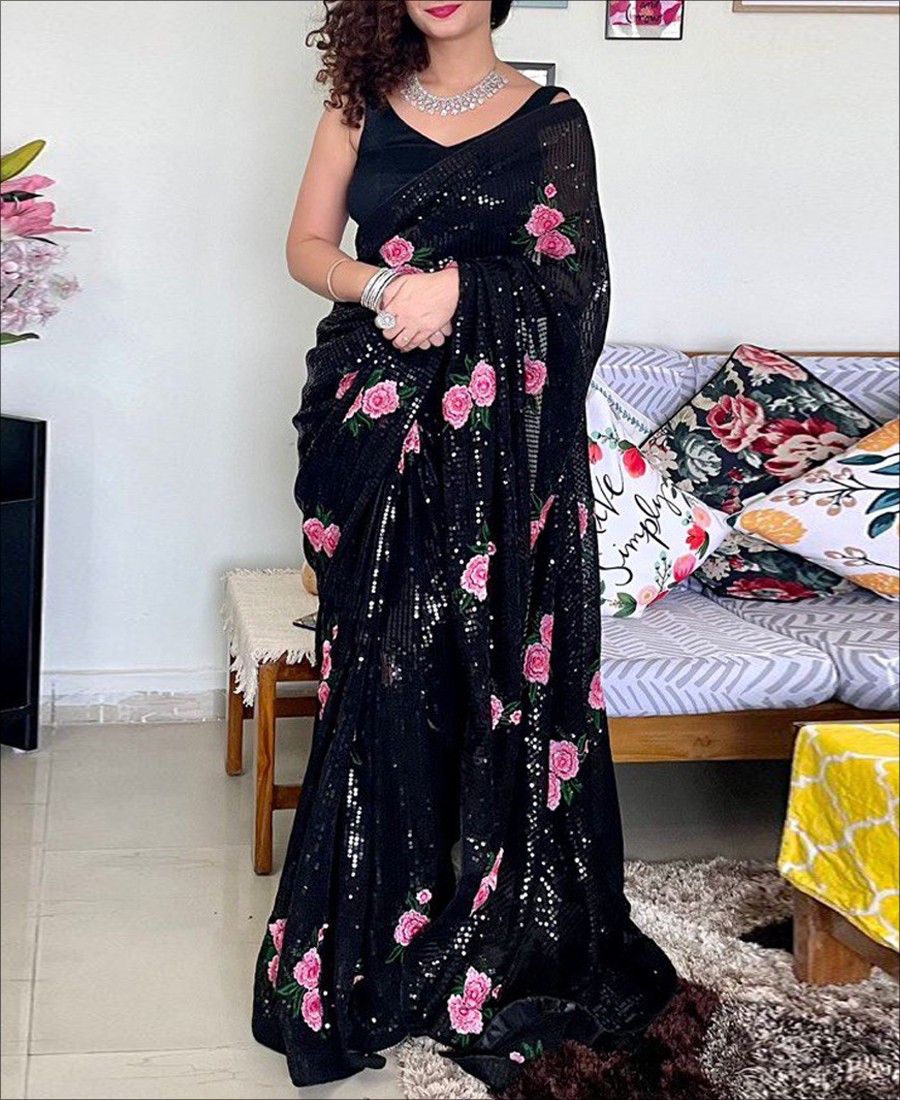 Buy Likha Black Georgette Embellished and Sequined Saree with Unstitched  Blouse LIKSAR118 (Free Size) Online