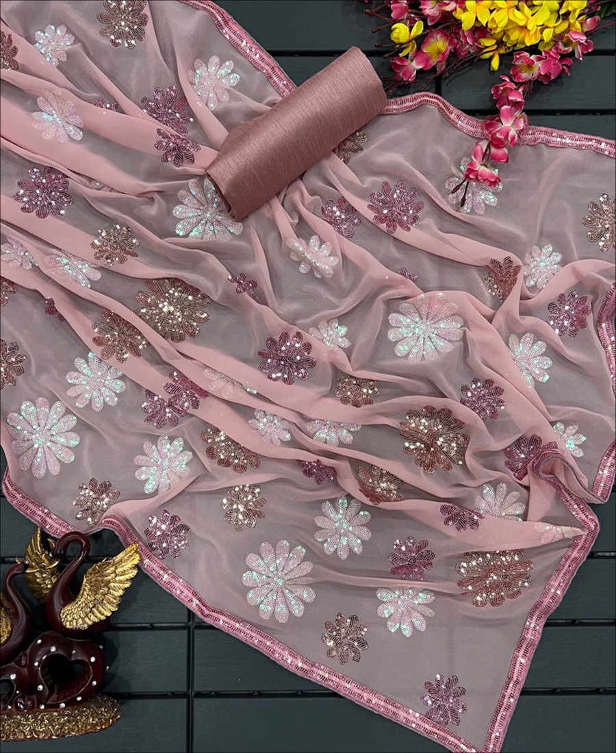 Baby Pink Color Geogette Sequence Work Saree