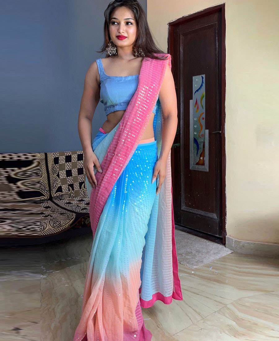 Beautiful Shaded Color Georgette Ready Wear Saree - New In - Indian