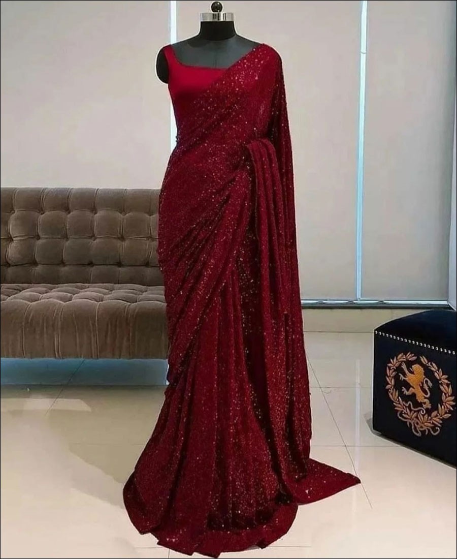 Red heavy georgette sequence saree