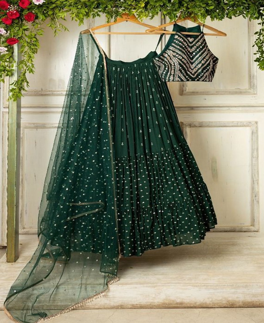 Bottle green floral lehenga choli set - set of three by Geeta Fashion | The  Secret Label
