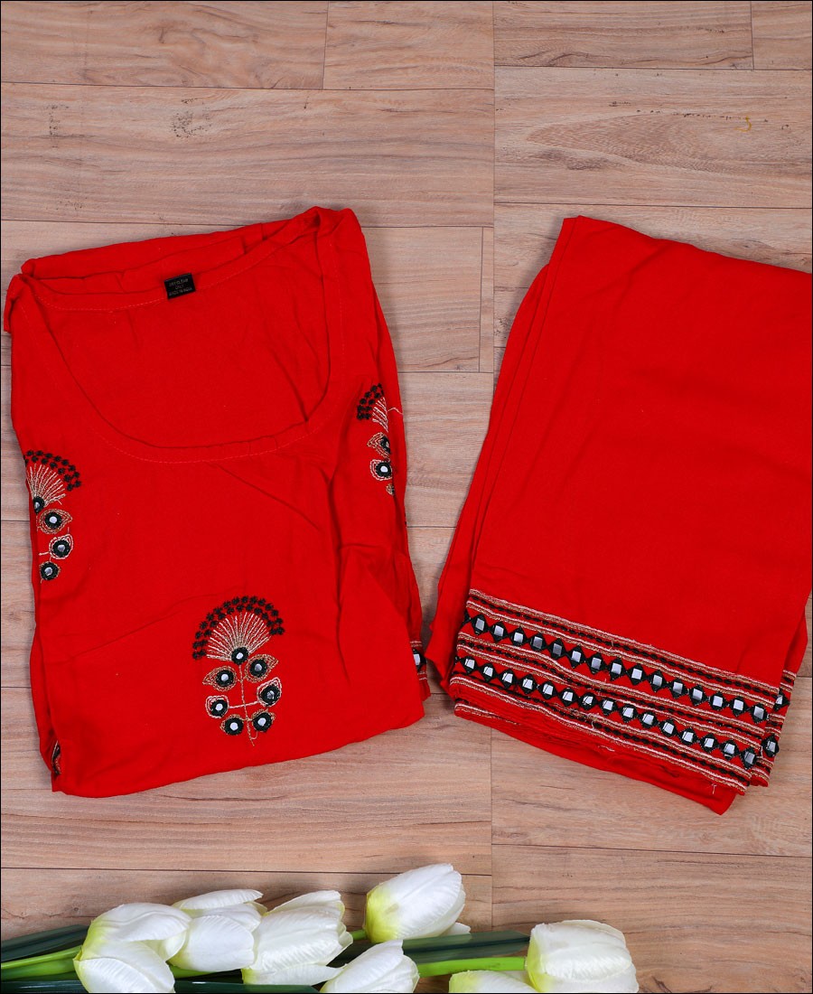 Red Rayon Embroidery Work Kurti Set