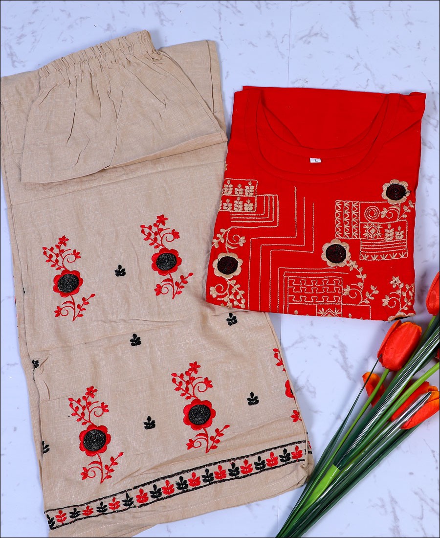 Red Rayon embroidery work Kurti Set