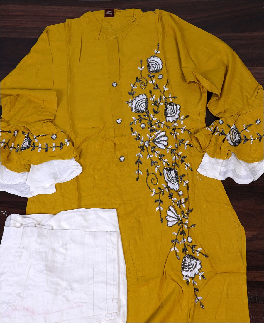 Yellow Rayon Pearl Handwork With Moti Work Kurti Set