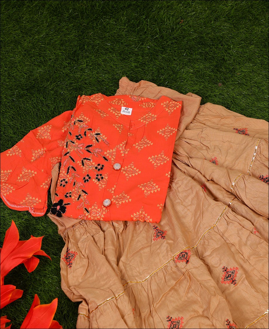 Peachies Orange Coloured Cotton Block Print With Hand Work Kurti Set