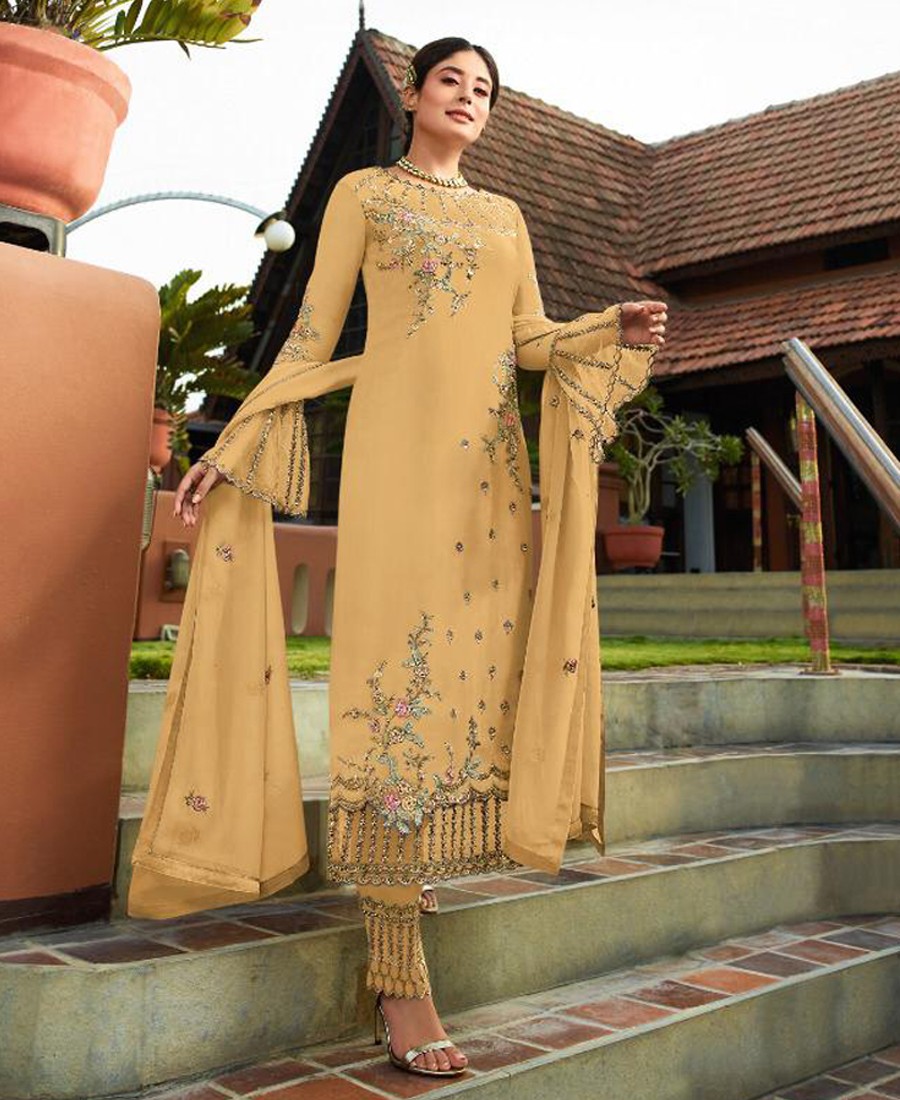 Cream Color Soft Net Base Slit-Cut Salwar Suit With Stone Work