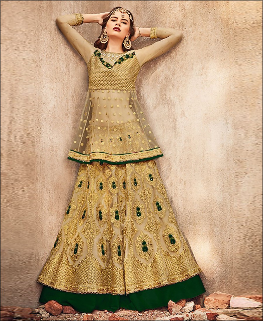 Green and Gold Heavy Embroidery Work Lehenga Choli - Indian Heavy Anarkali  Lehenga Gowns Sharara Sarees Pakistani Dresses in USA/UK/Canada/UAE -  IndiaBoulevard