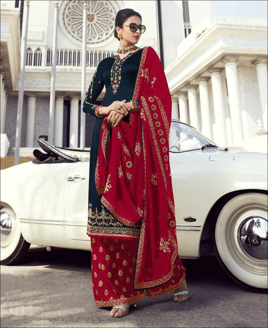 Super model nevy blue and red Faux georgette Palazo style Suit