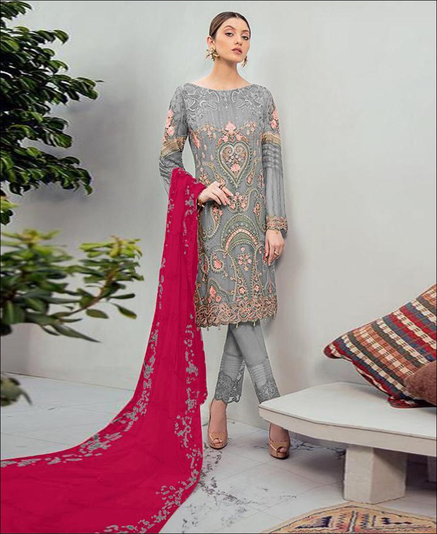 RF - Glorious Grey Foux Georgette Embroidered Pakistani Straight Suit