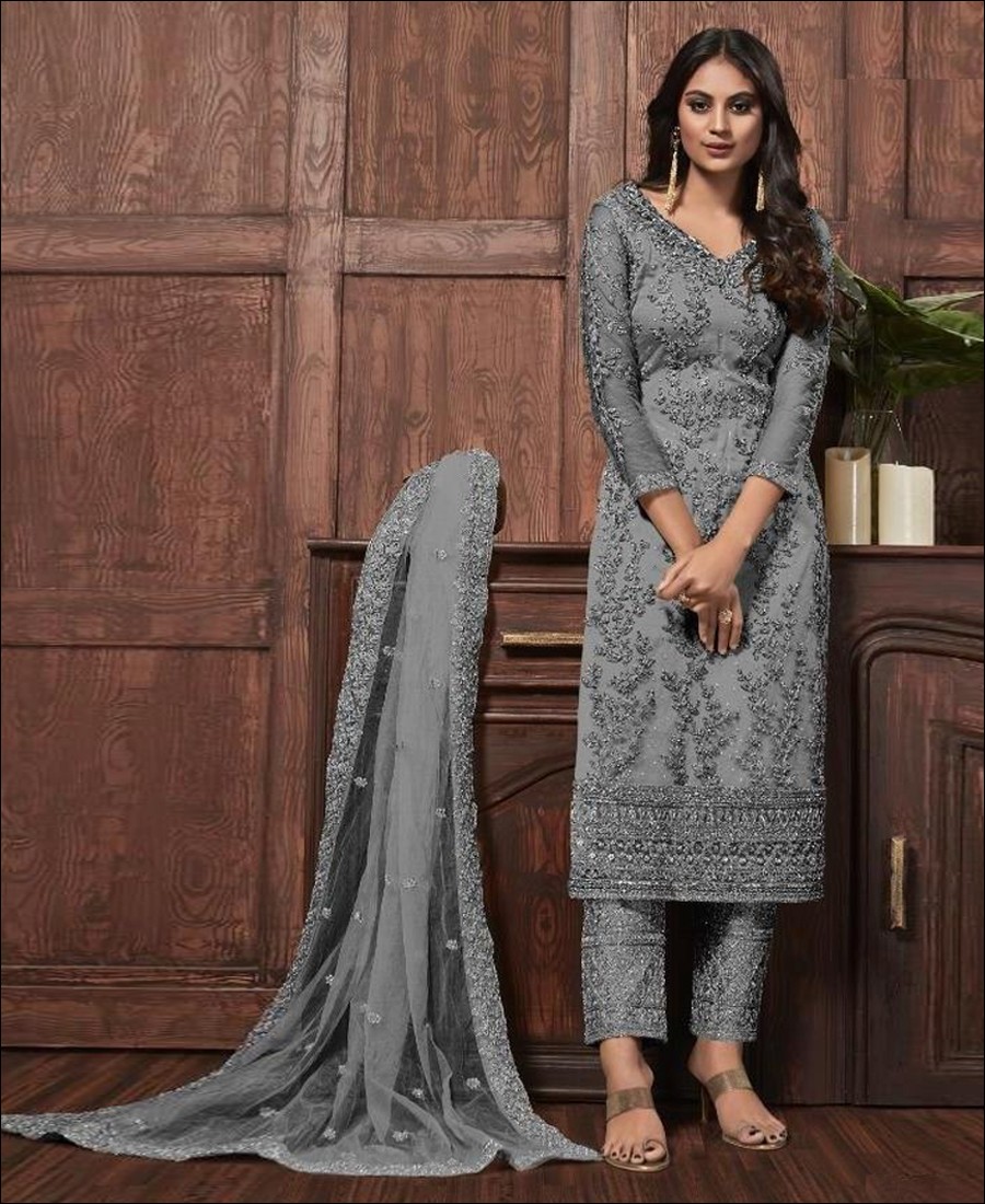 RF - Lovely Grey Butterfly Net Embroidered Pakistani Straight Suit