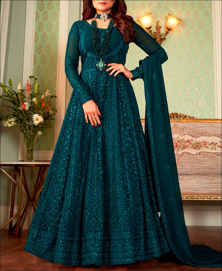 Blue colour fully flared Crystal work Netted Gown-tmf.edu.vn