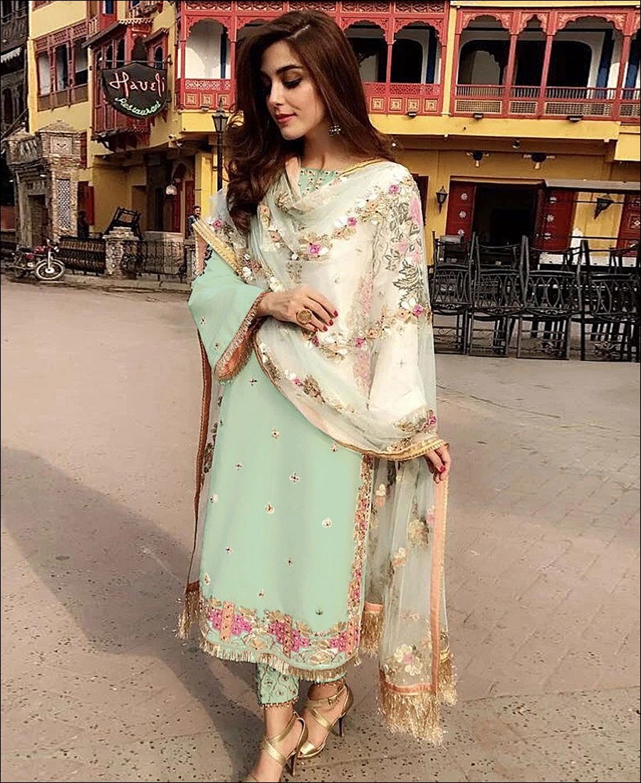 RF - Green faux Georgette straight cut Semi-stitched Suit