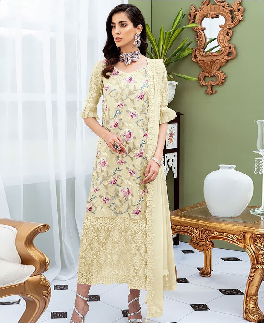RF - Yellow faux Georgette Straight cut Semi-Stitched Suit
