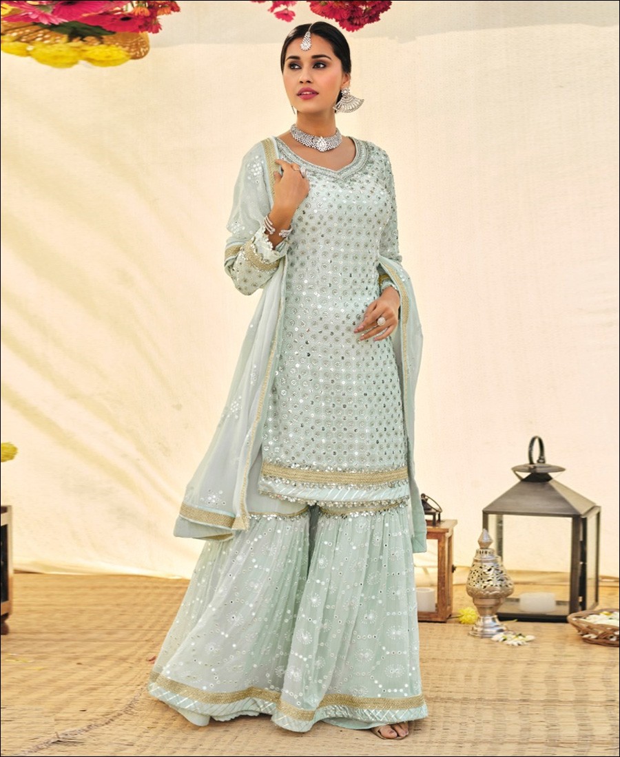 RF - Sky Blue Faux Georgette Embroided Sharara suit