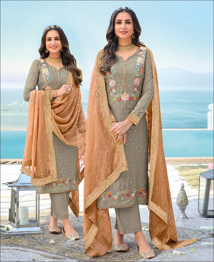 RF - Grey Chinon And Georgette Straight Salwar Suit