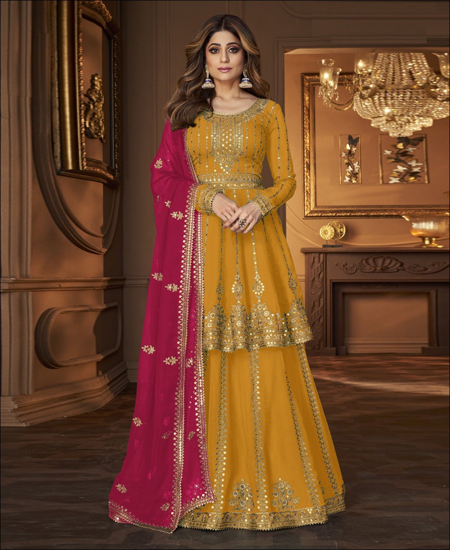 RF - Yellow Green Georgette Embroidered Semi Stitched Ghaghra Suit