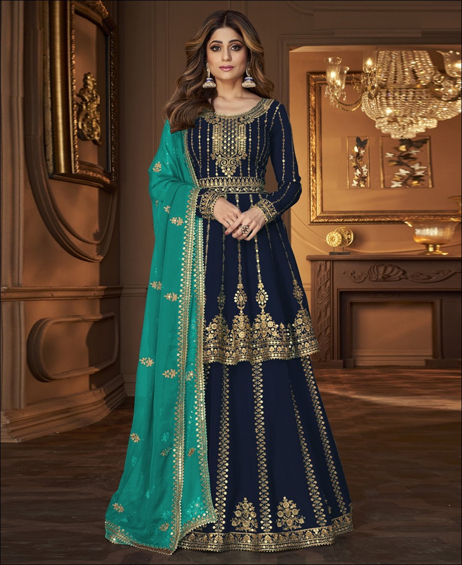 RF - Navy Blue Georgette Embroidered Semi Stitched Ghaghra Suit