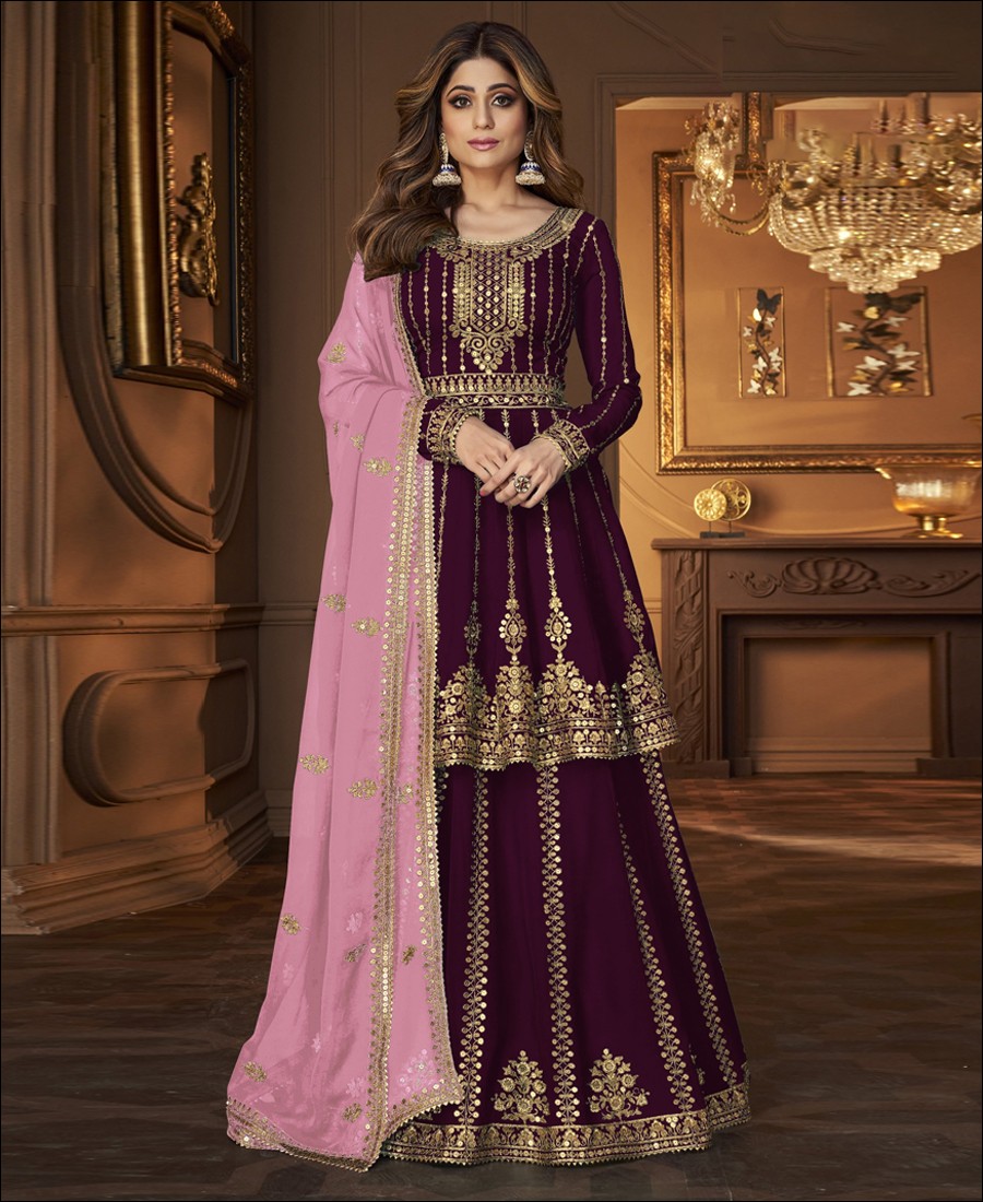 RF - Purple Georgette Embroidered Semi Stitched Ghaghra Suit