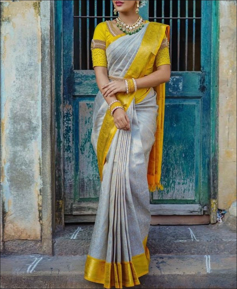 MIMOSA Women's Traditional Art Silk Saree Kanjivaram Style With Blouse  Color:Off White(3301-200-HWT-MRN) : Amazon.in: Fashion