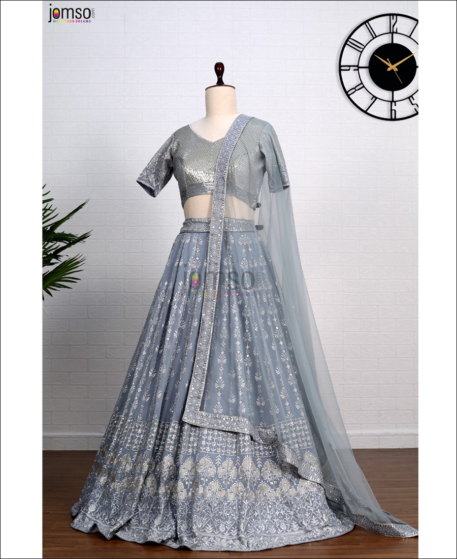 Grey Colored Sequence Embroidery Work Georgette Lehenga choli
