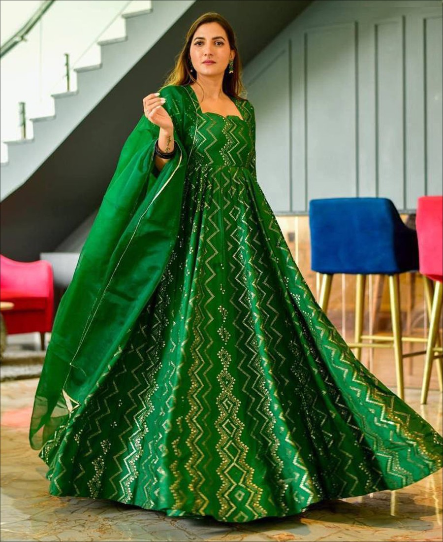 Green Color Silk Stitched Gown With Dupatta